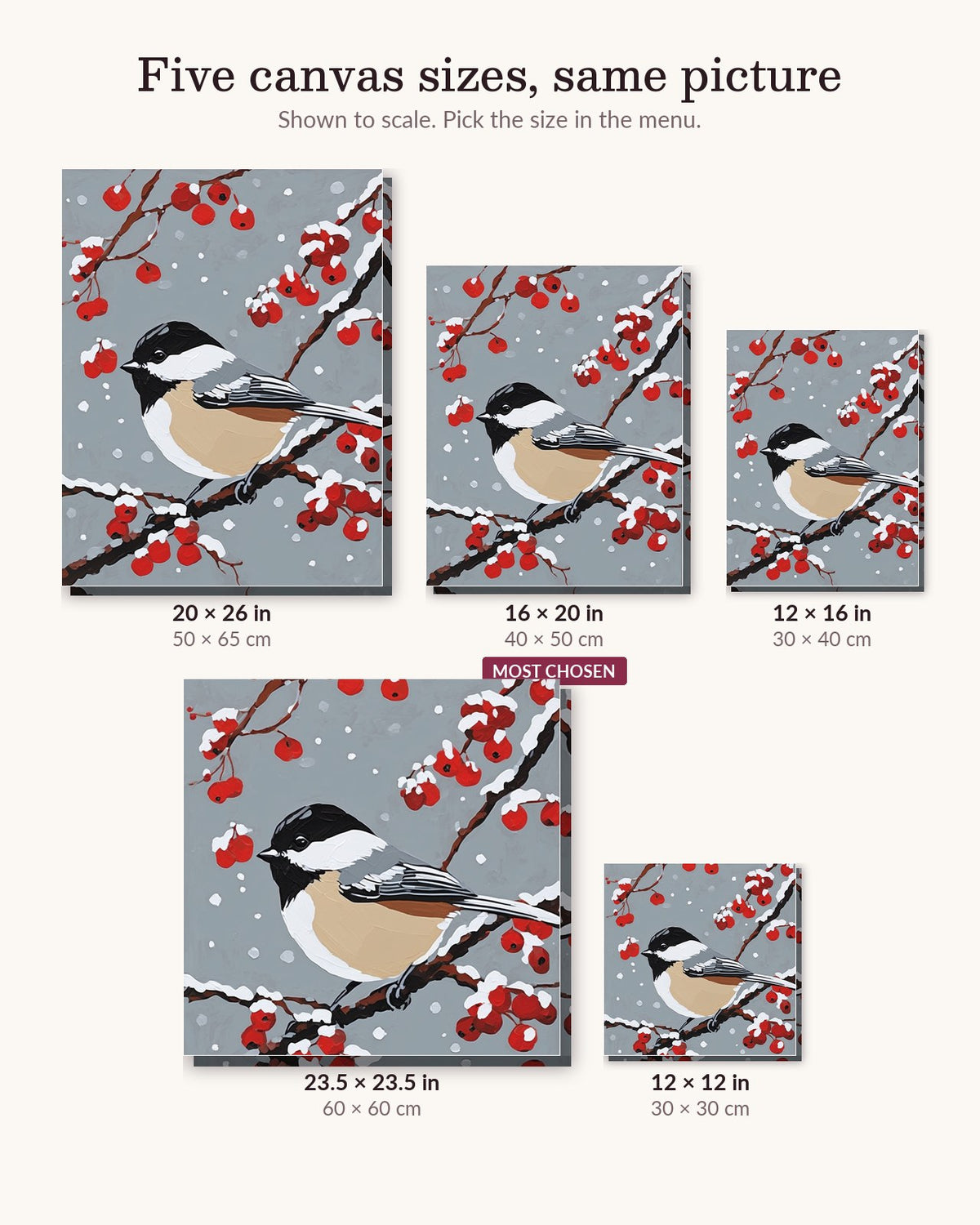 Chickadee in Winter Berries canvas sizes from 12 x 12 to 23.5 x 23.5 inches