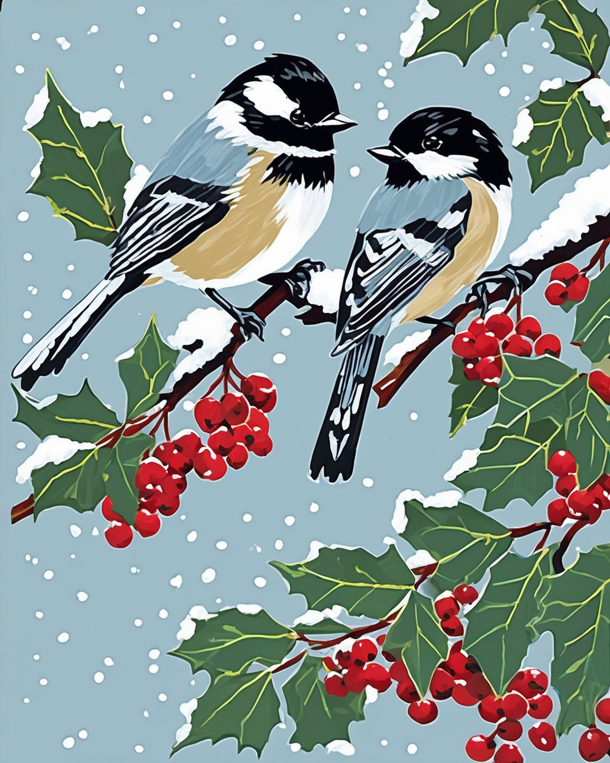 Chickadees on a Frosted Holly Branch paint by numbers kit, two black-capped chickadees on a snowy holly branch with red berries