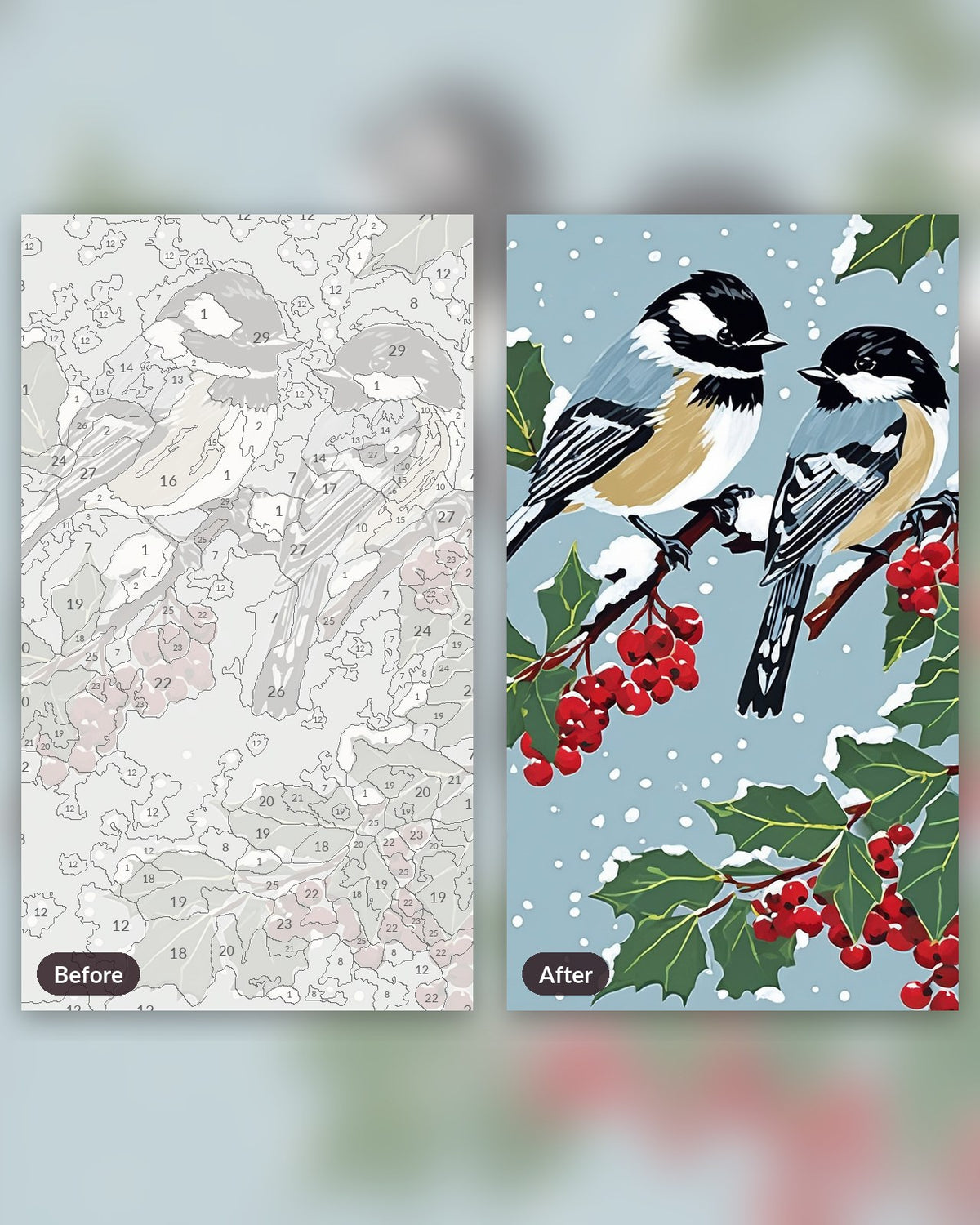 Chickadees on a Frosted Holly Branch Painting by Numbers Kit paint by numbers kit, before and after