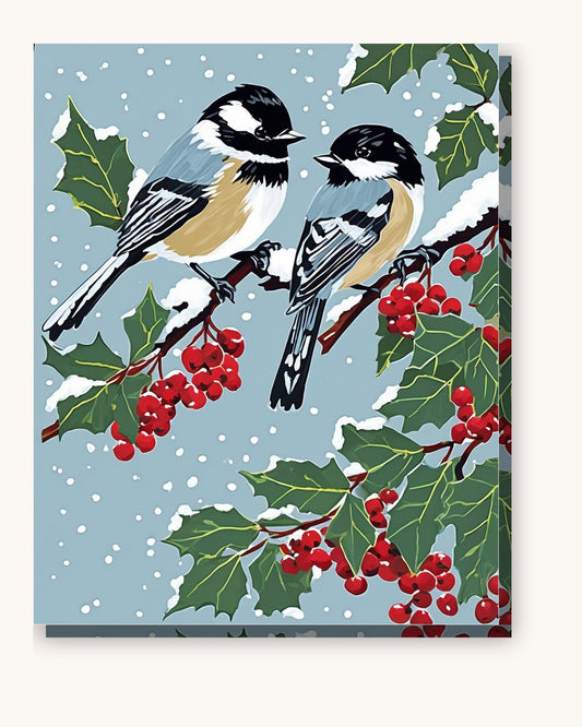 Chickadees on a Frosted Holly Branch paint by numbers kit on stretched canvas