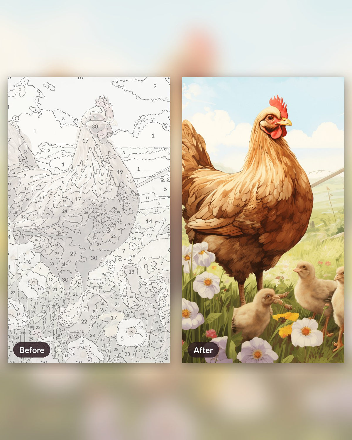 Chicks of the Hen paint by numbers kit, before and after
