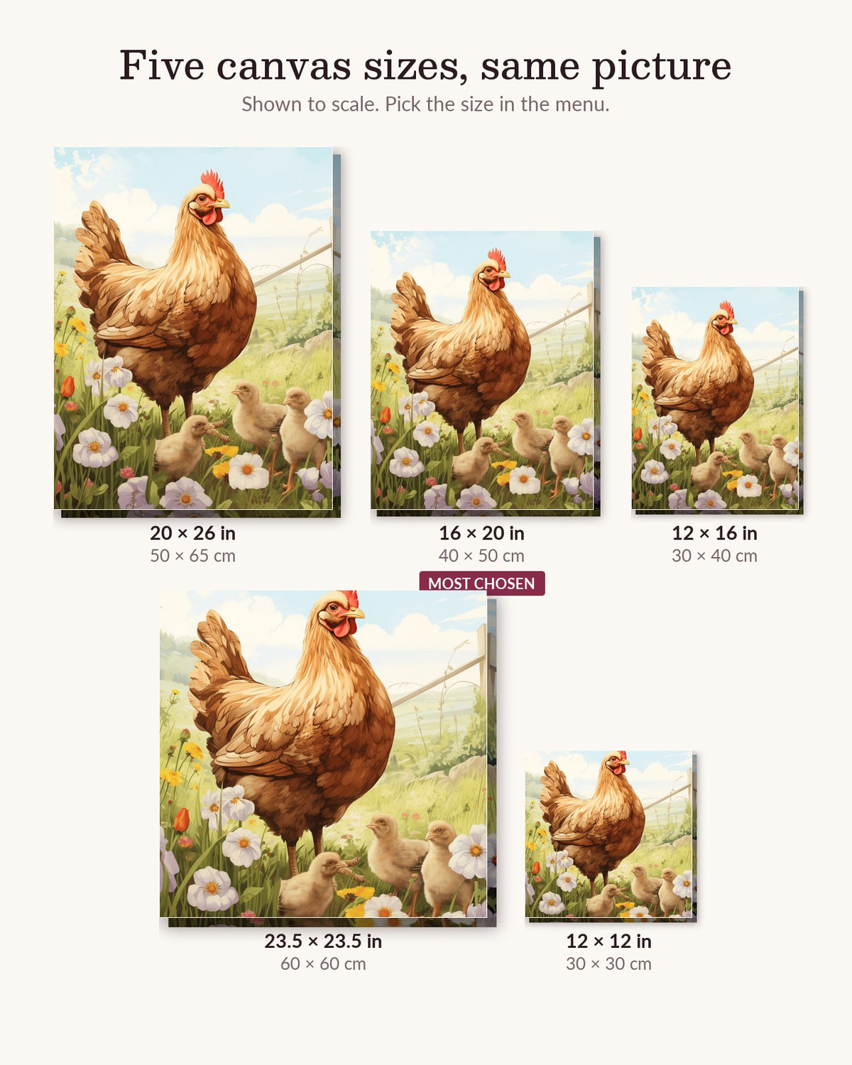 Chicks of the Hen canvas sizes from 12 x 12 to 23.5 x 23.5 inches