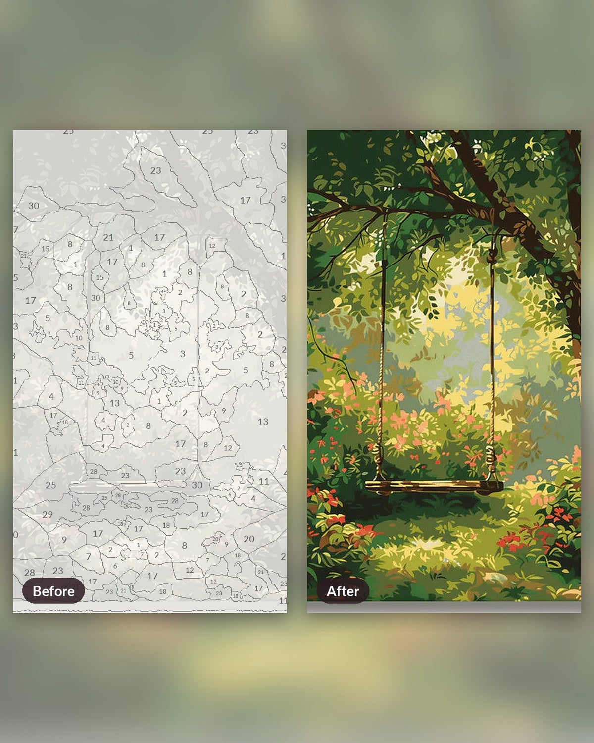 Childhood Swing paint by numbers kit, before and after