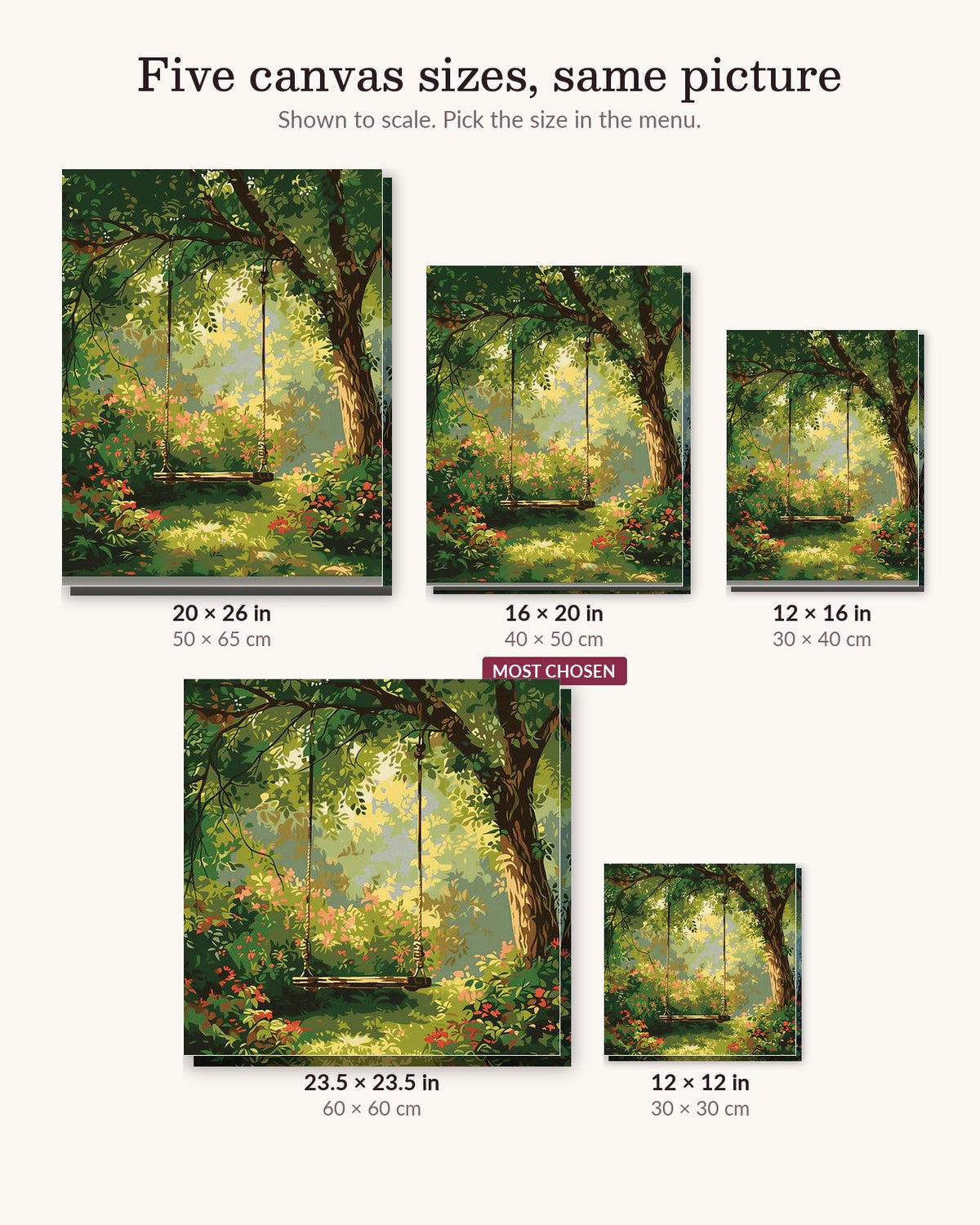 Childhood Swing canvas sizes from 12 x 12 to 23.5 x 23.5 inches