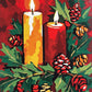 yellow and red christmas candles with holly leaves and pine cones on a red background, paint by numbers kit