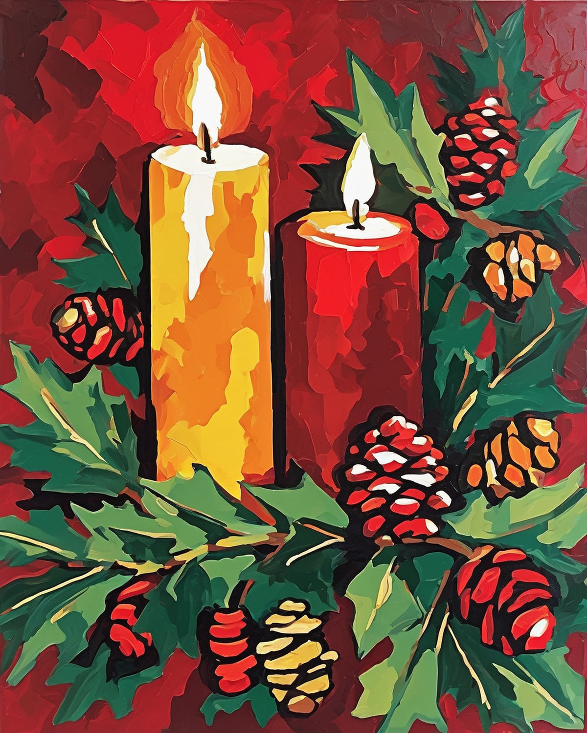 yellow and red christmas candles with holly leaves and pine cones on a red background, paint by numbers kit
