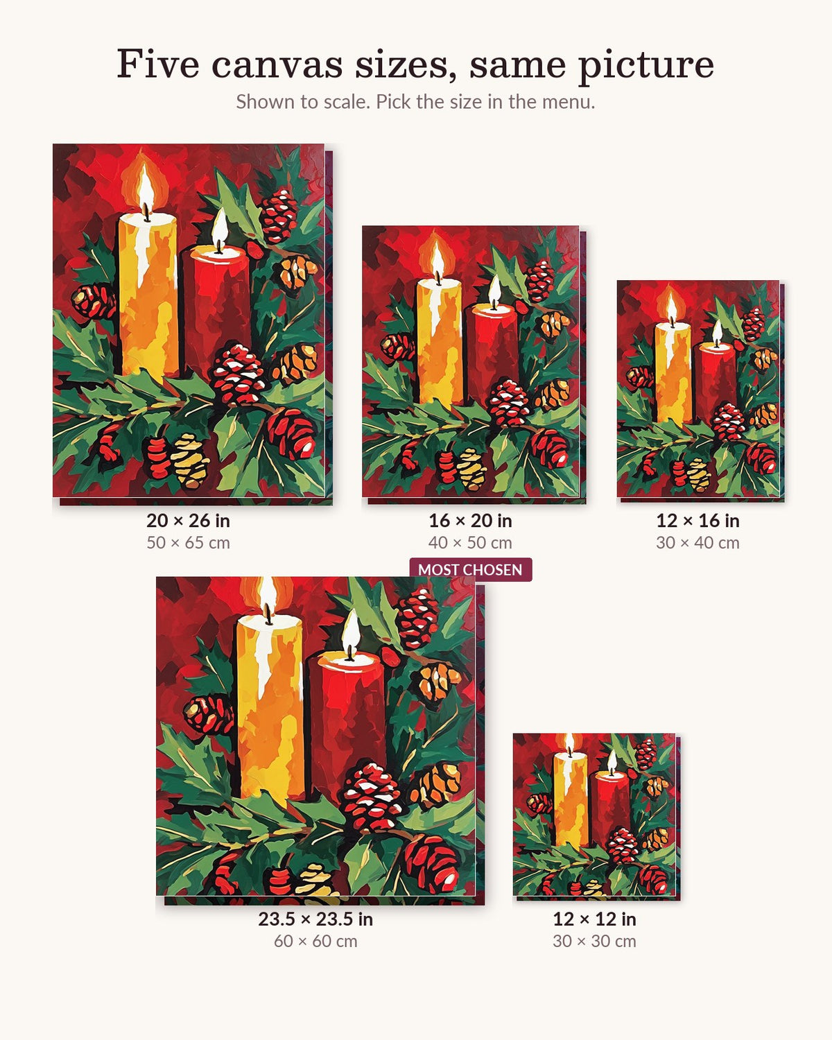 Christmas Candles with Holly and Pine Cones canvas sizes from 12 x 12 to 23.5 x 23.5 inches