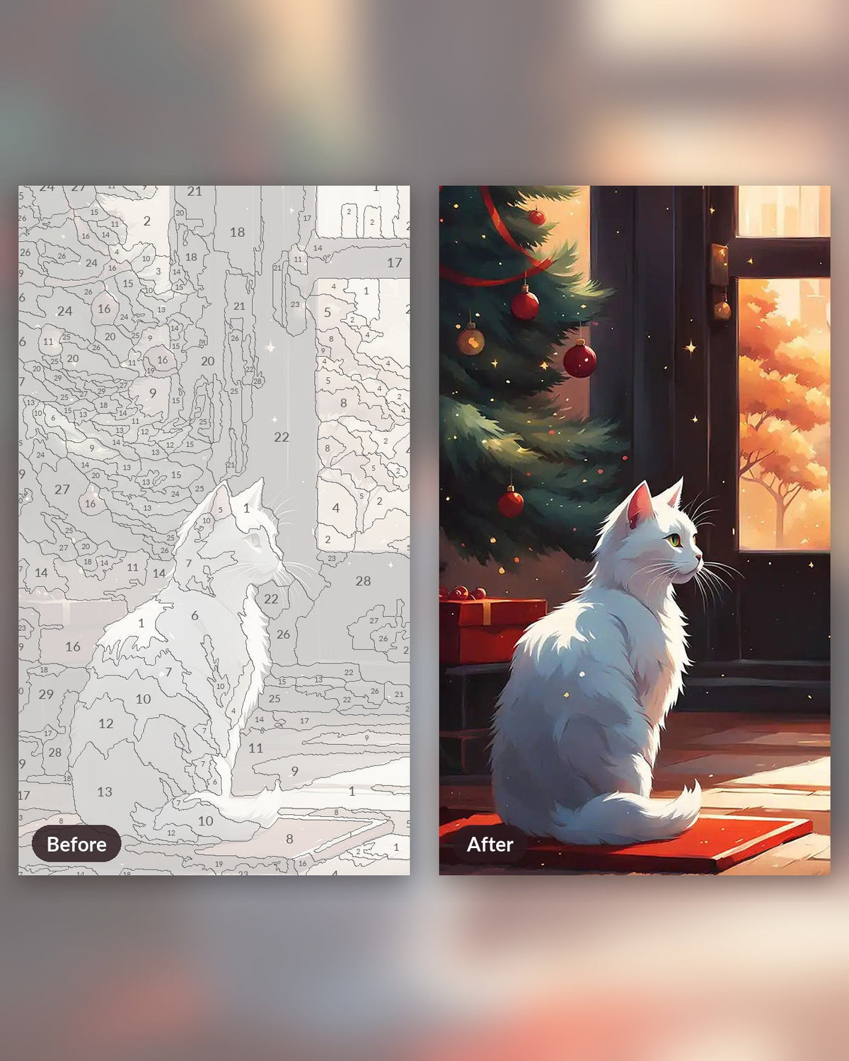 Christmas Cat paint by numbers kit, before and after
