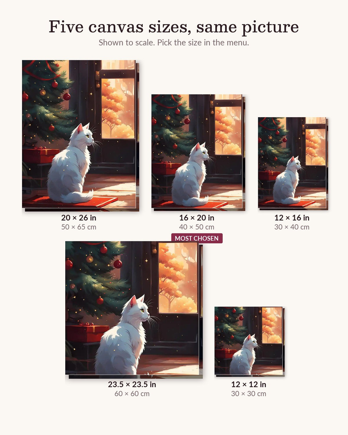 Christmas Cat canvas sizes from 12 x 12 to 23.5 x 23.5 inches