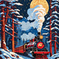Christmas Eve Train through the Pines paint by numbers kit, steam train with red carriages in a snowy forest at night