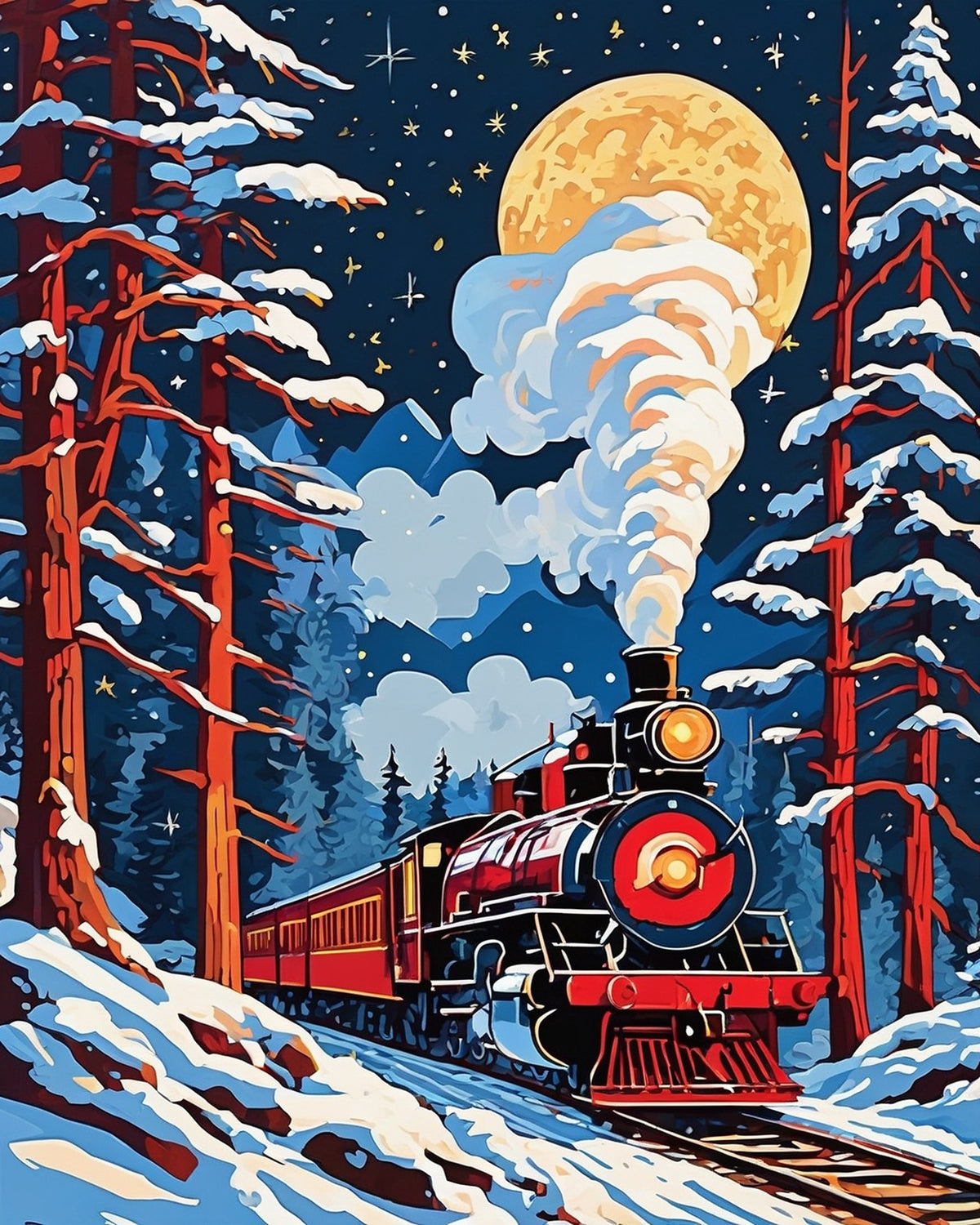 Christmas Eve Train through the Pines paint by numbers kit, steam train with red carriages in a snowy forest at night