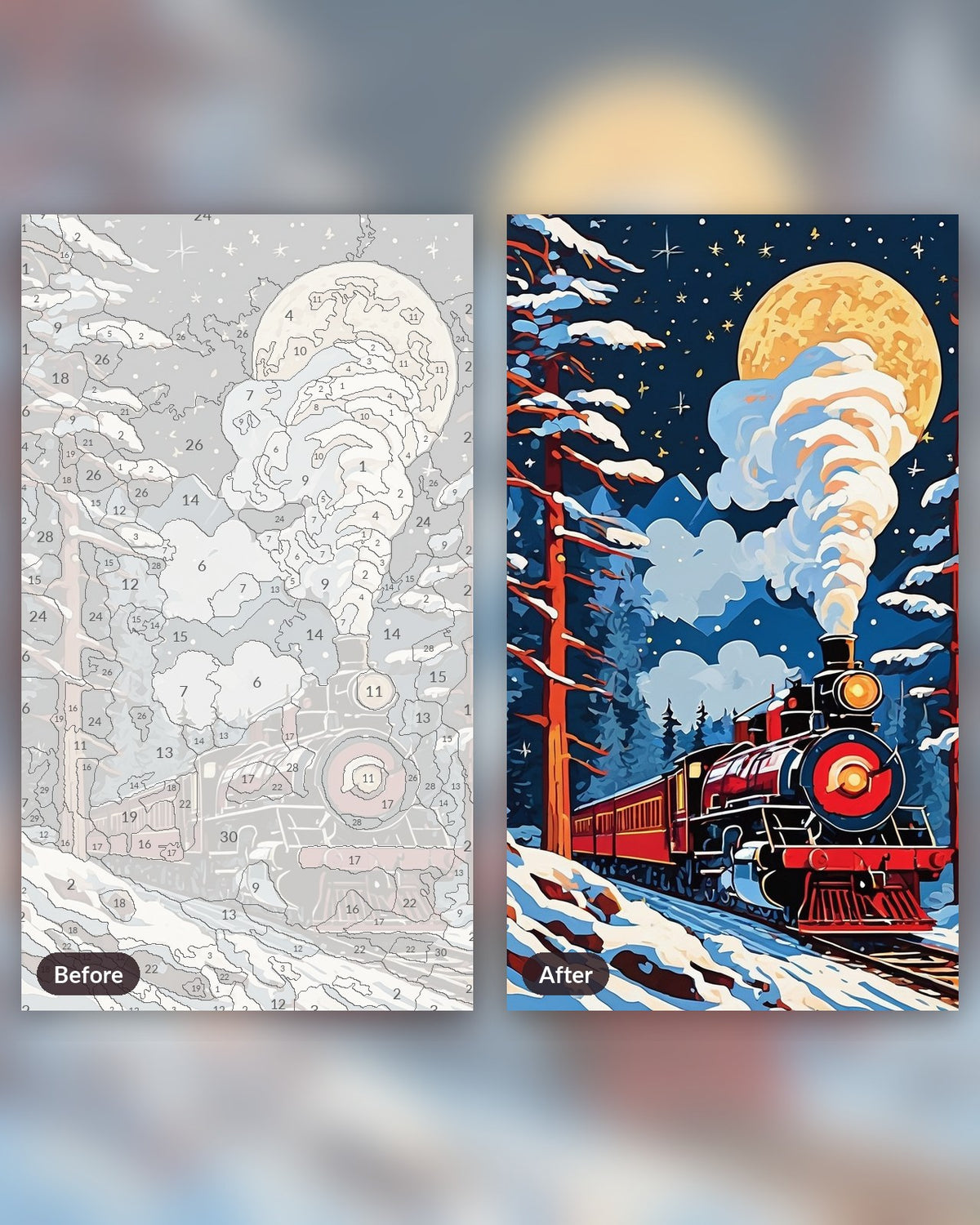 Christmas Eve Train through the Pines paint by numbers kit, before and after