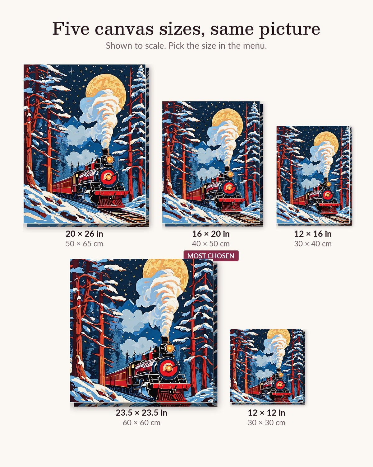 Christmas Eve Train through the Pines canvas sizes from 12 x 12 to 23.5 x 23.5 inches