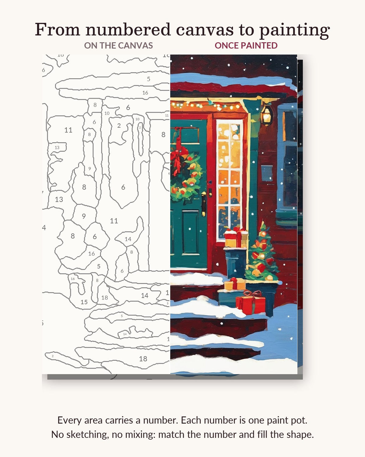 Christmas Front Porch at Night numbered canvas next to the finished painting