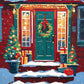 teal front door with a wreath, wrapped gifts and small christmas trees on snowy steps, paint by numbers kit