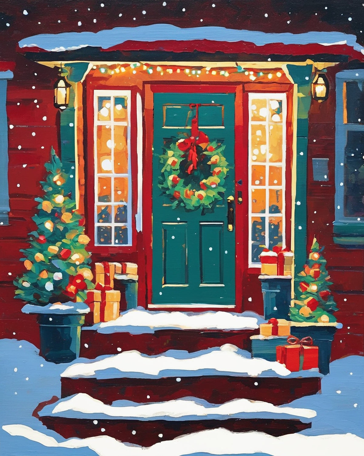 teal front door with a wreath, wrapped gifts and small christmas trees on snowy steps, paint by numbers kit