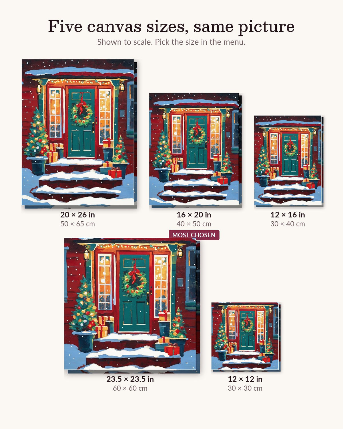 Christmas Front Porch at Night canvas sizes from 12 x 12 to 23.5 x 23.5 inches