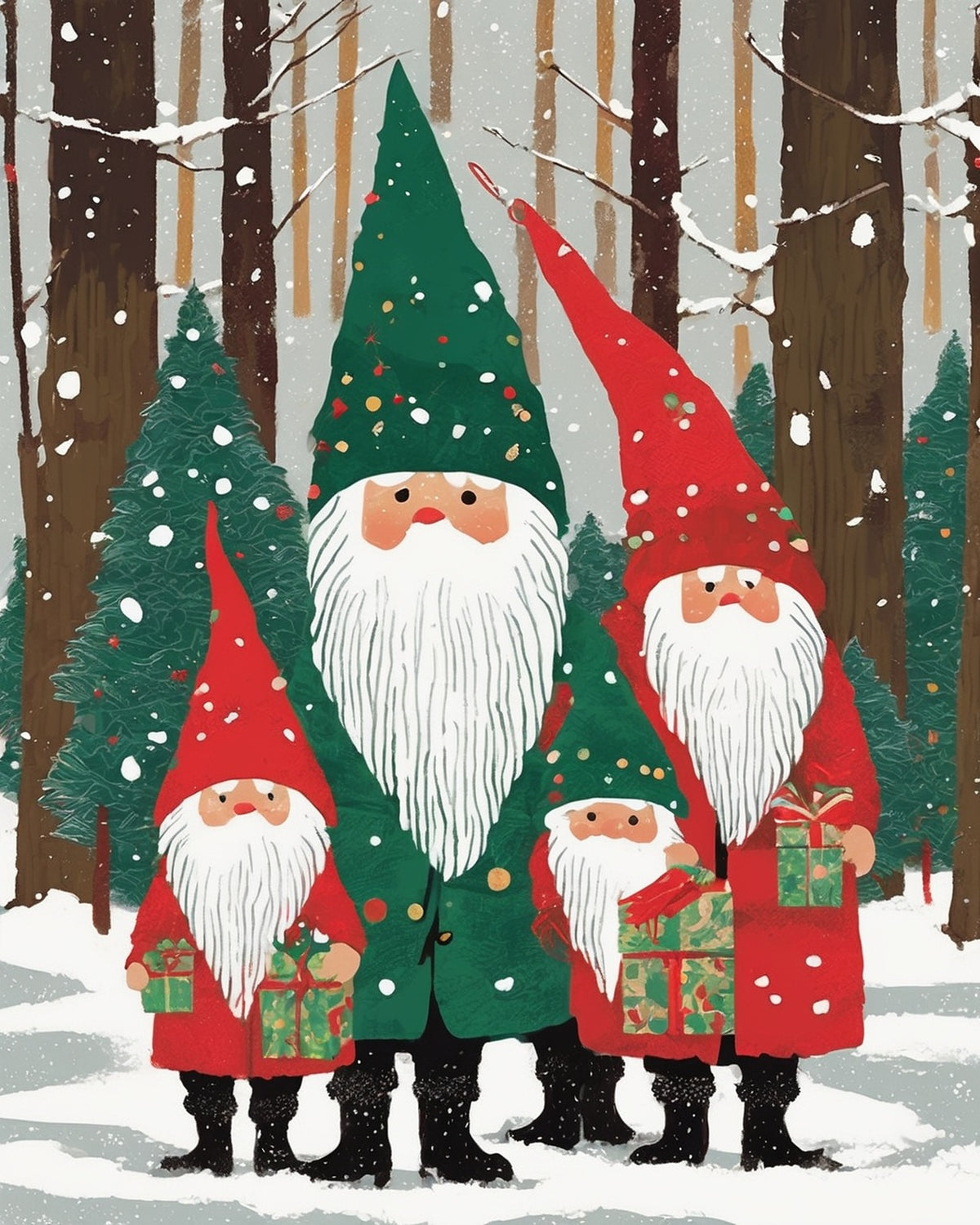 Christmas Gnomes in the Snow paint by numbers kit, gnomes with long hats and white beards holding presents
