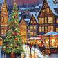 christmas tree and half-timbered houses around a snowy market square with stalls, paint by numbers kit