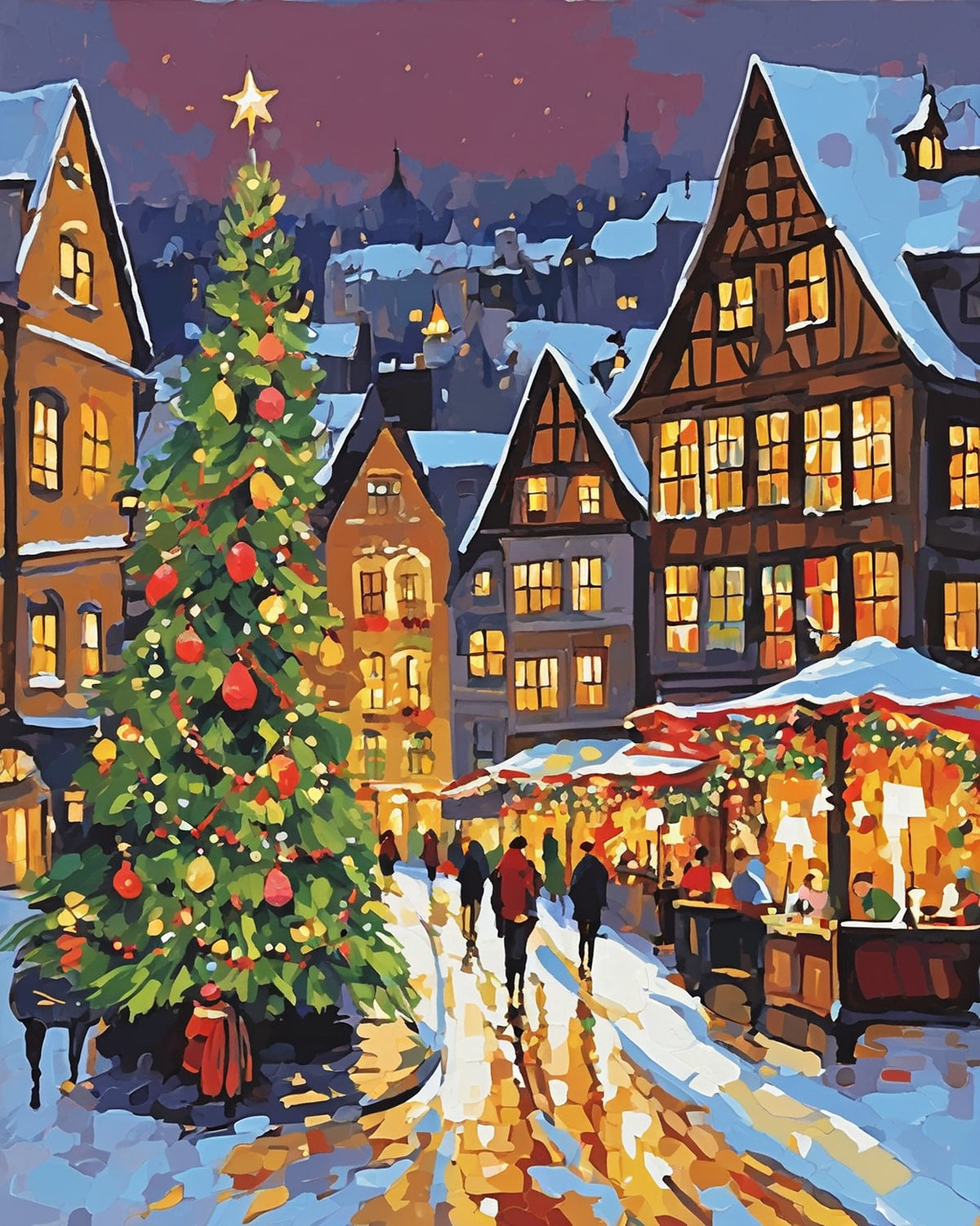 christmas tree and half-timbered houses around a snowy market square with stalls, paint by numbers kit