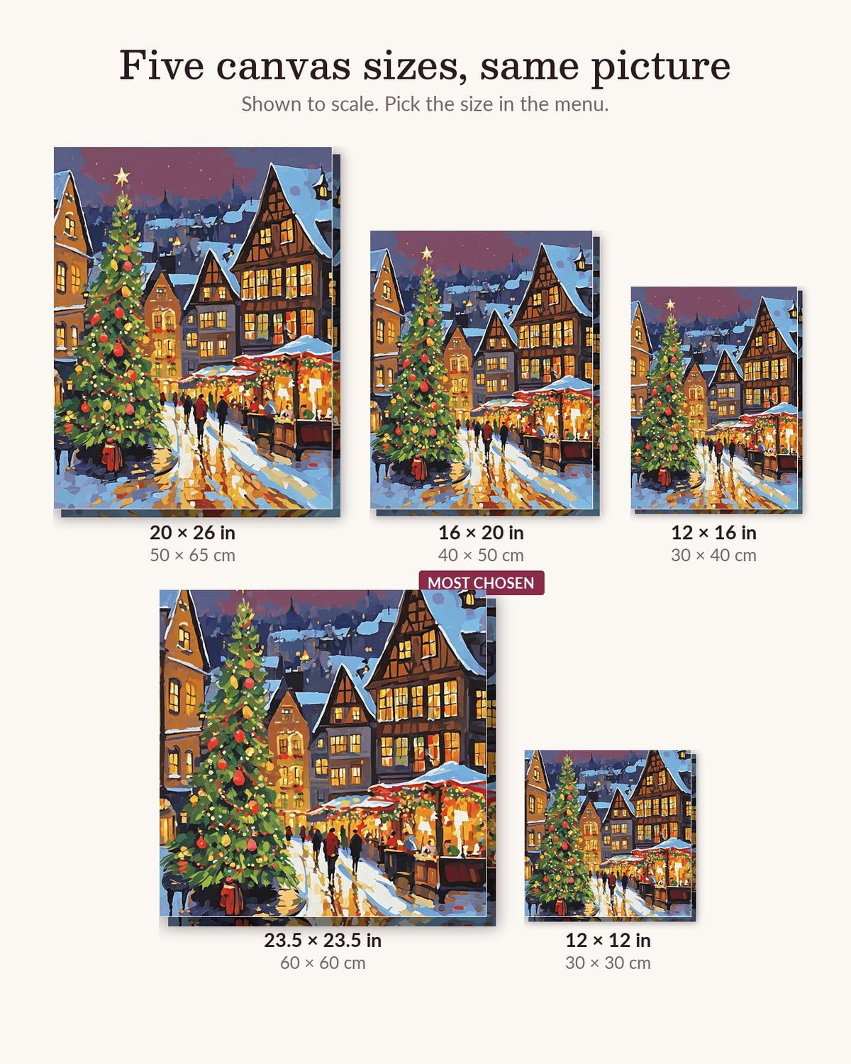 Christmas Market Square at Night canvas sizes from 12 x 12 to 23.5 x 23.5 inches