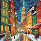 Christmas Market Street paint by numbers kit, snowy European street with market stalls at night