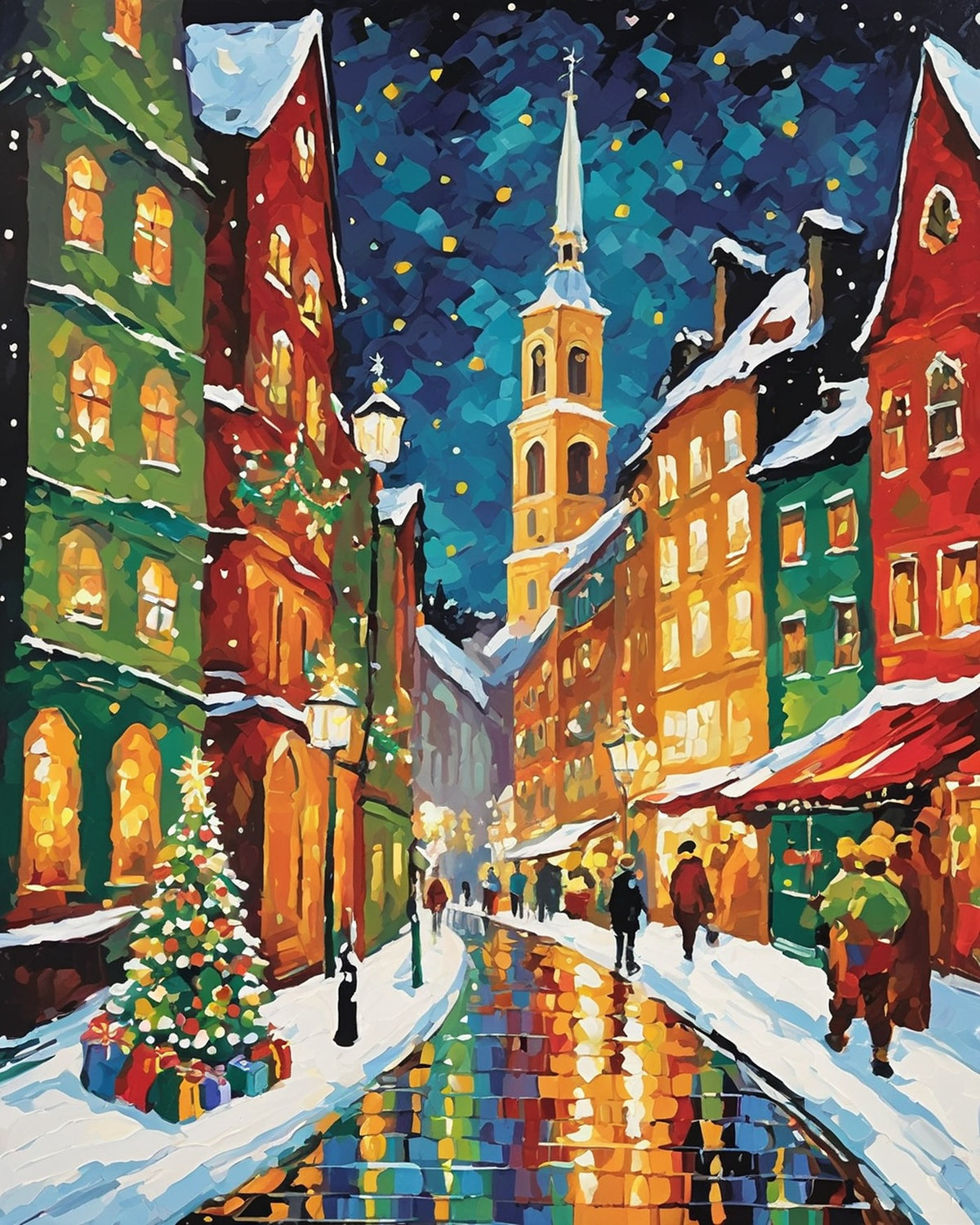 Christmas Market Street paint by numbers kit, snowy European street with market stalls at night