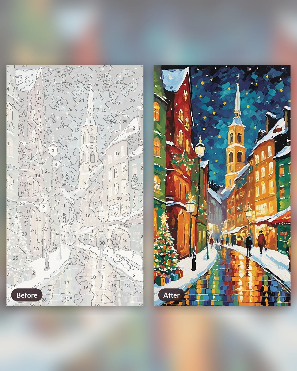 Christmas Market Street paint by numbers kit, before and after
