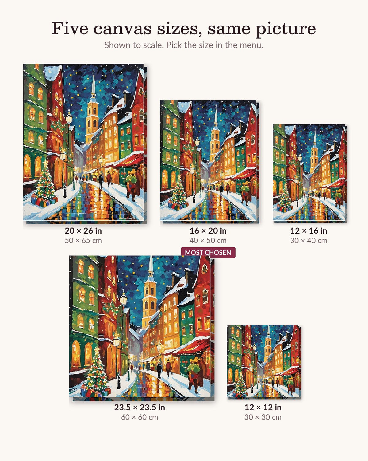Christmas Market Street canvas sizes from 12 x 12 to 23.5 x 23.5 inches