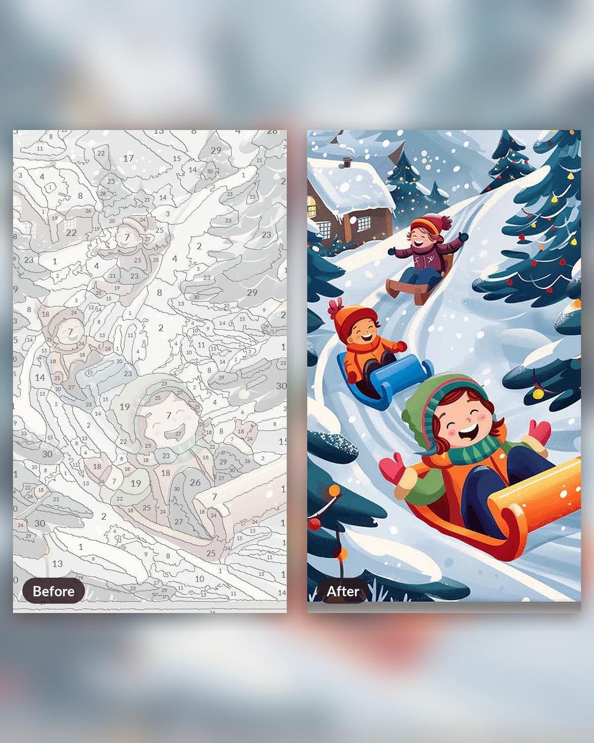 Merry Moments paint by numbers kit, before and after