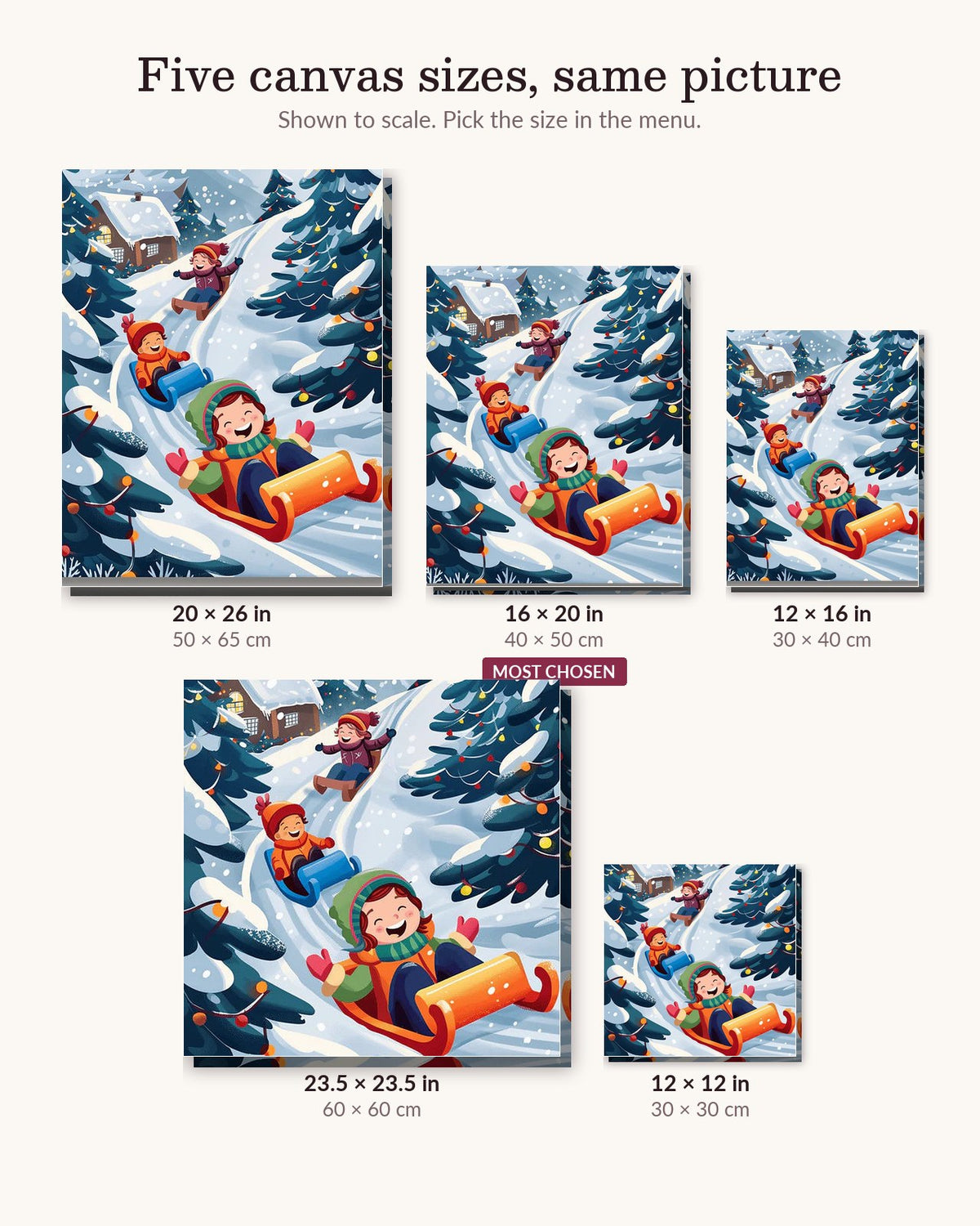 Merry Moments canvas sizes from 12 x 12 to 23.5 x 23.5 inches