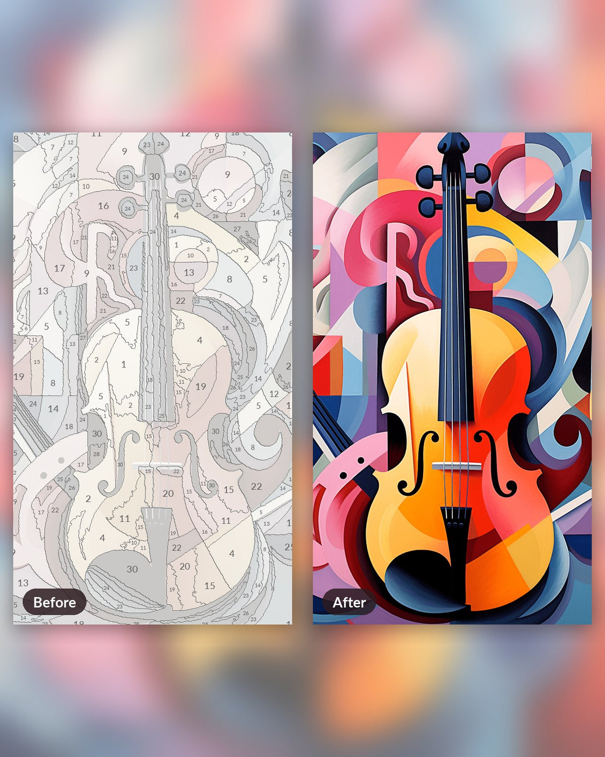 Melody of Forms paint by numbers kit, before and after