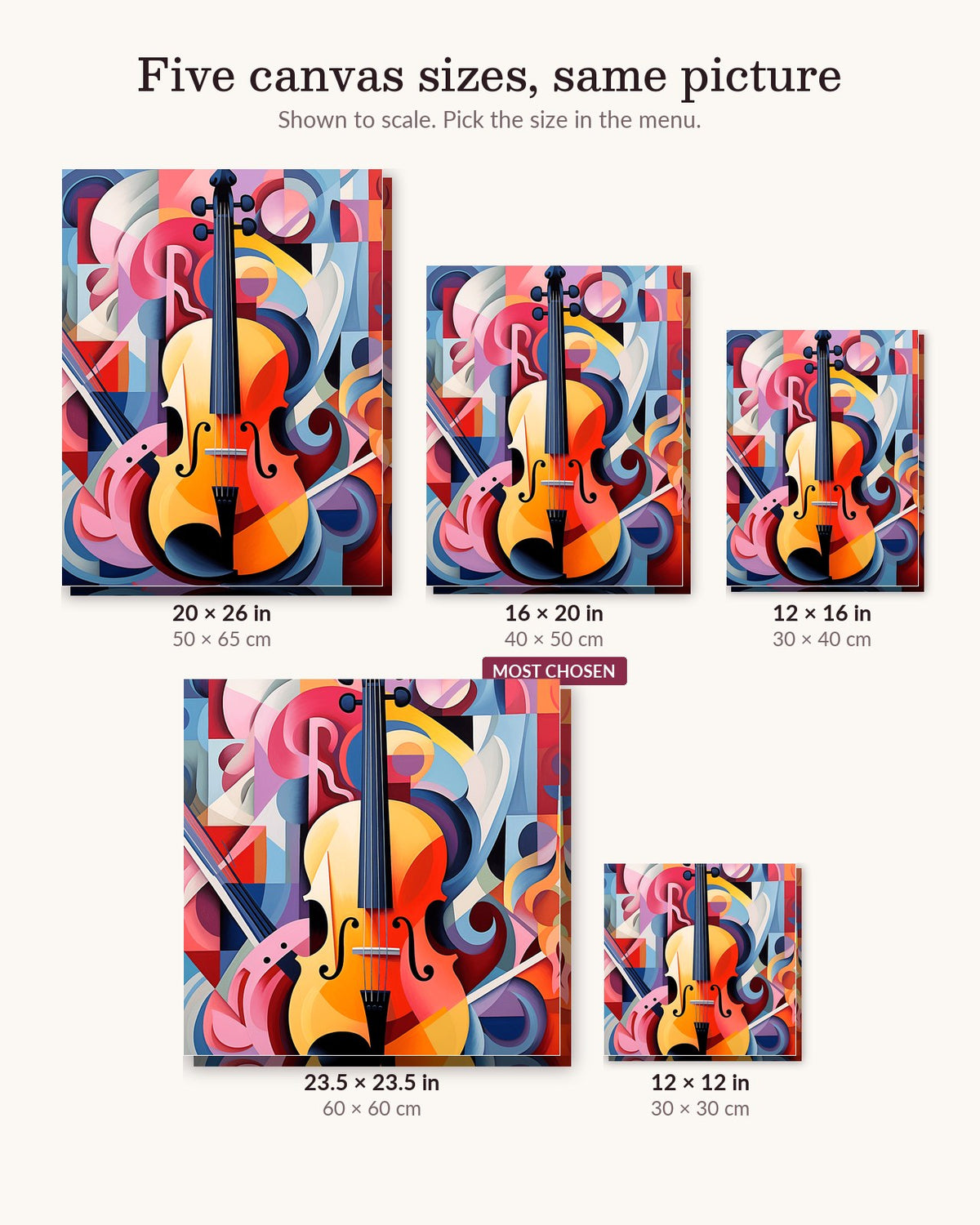 Melody of Forms canvas sizes from 12 x 12 to 23.5 x 23.5 inches
