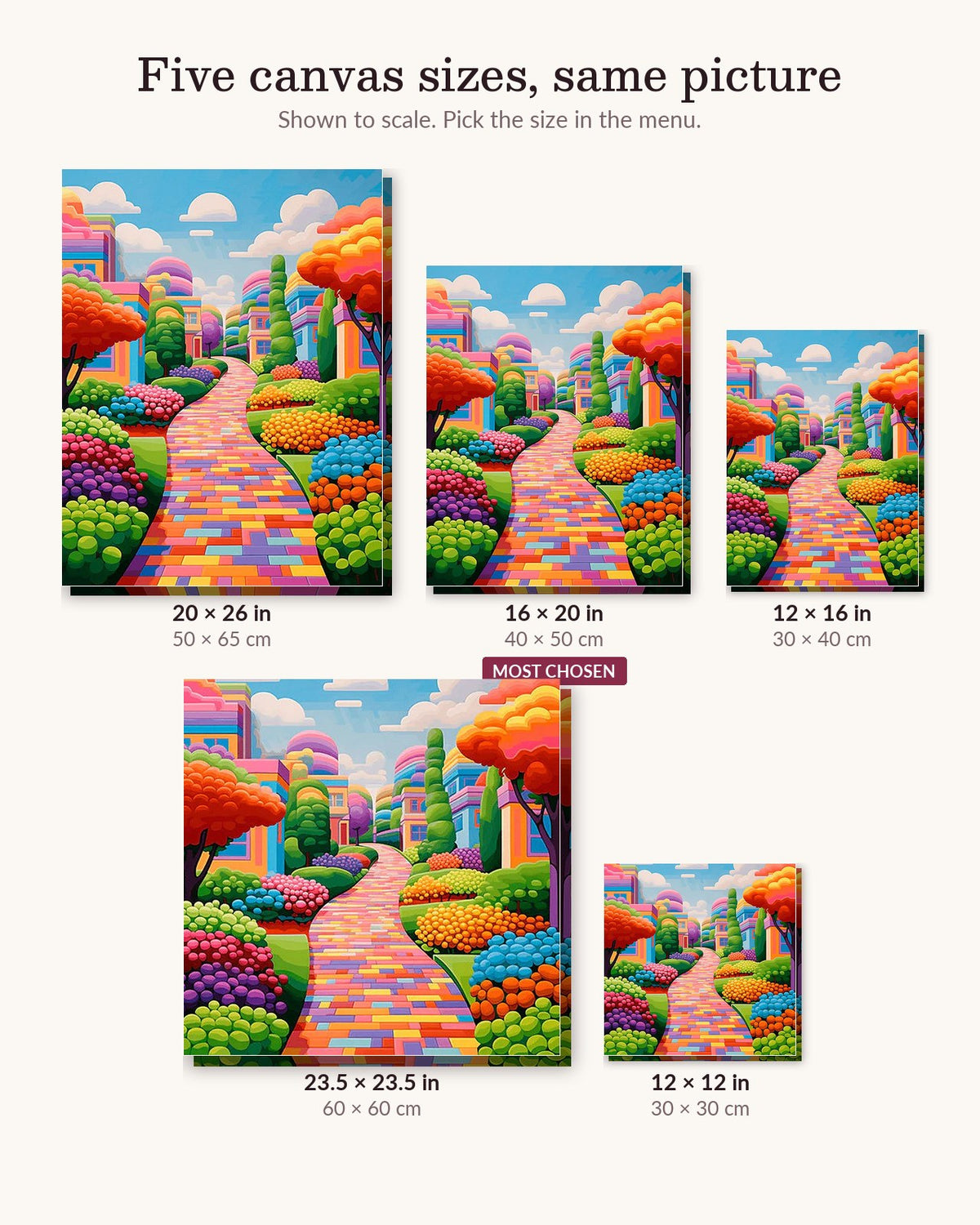 Vivid Walkway canvas sizes from 12 x 12 to 23.5 x 23.5 inches