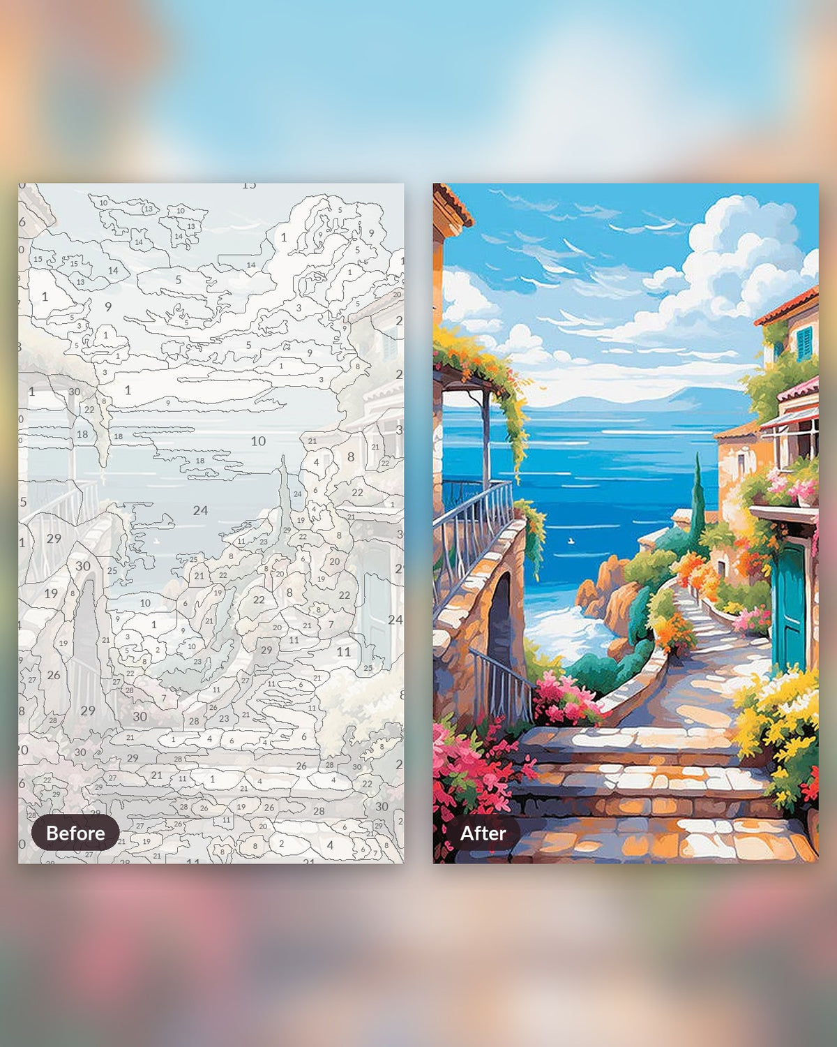 City Seaside Flora paint by numbers kit, before and after
