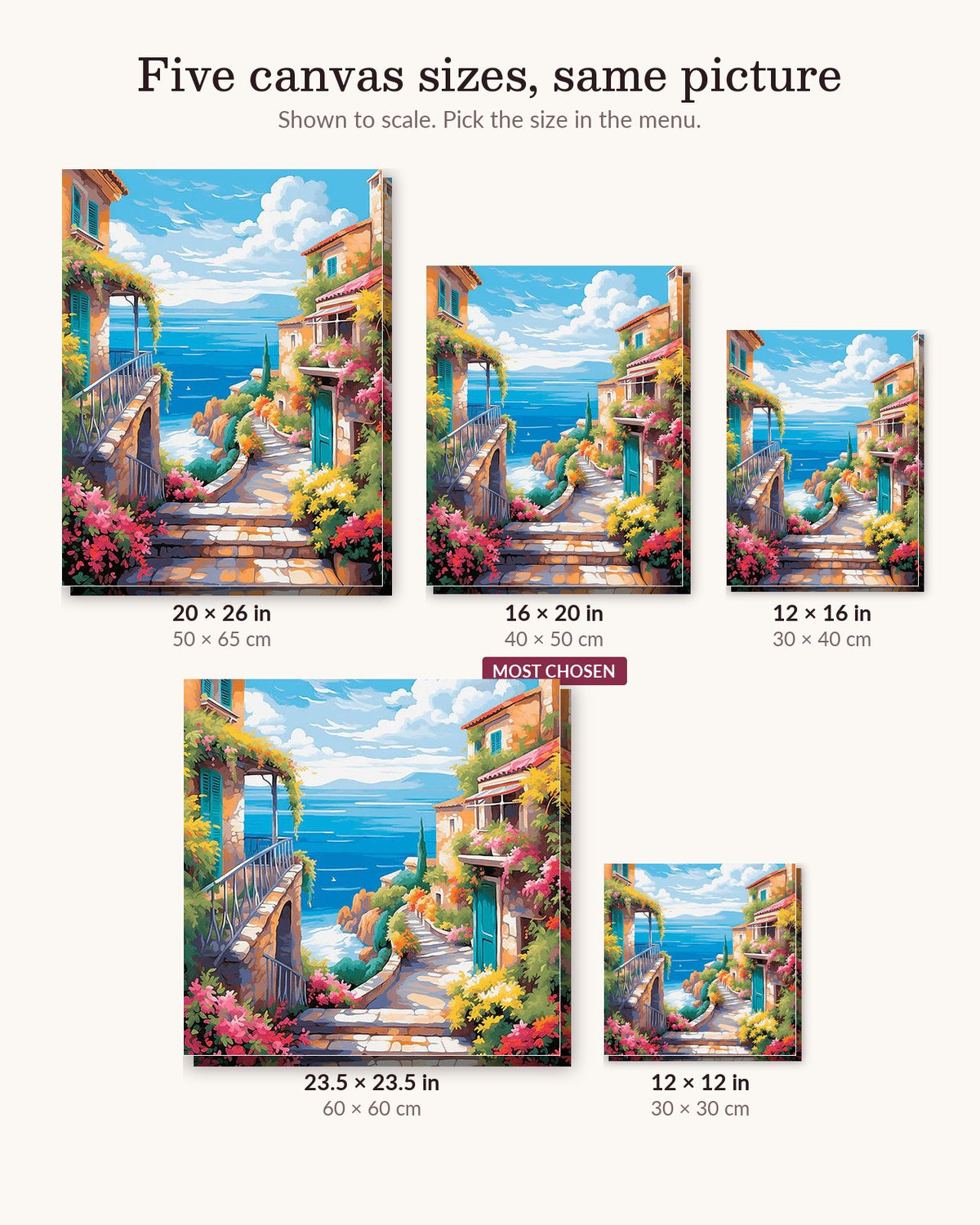 City Seaside Flora canvas sizes from 12 x 12 to 23.5 x 23.5 inches