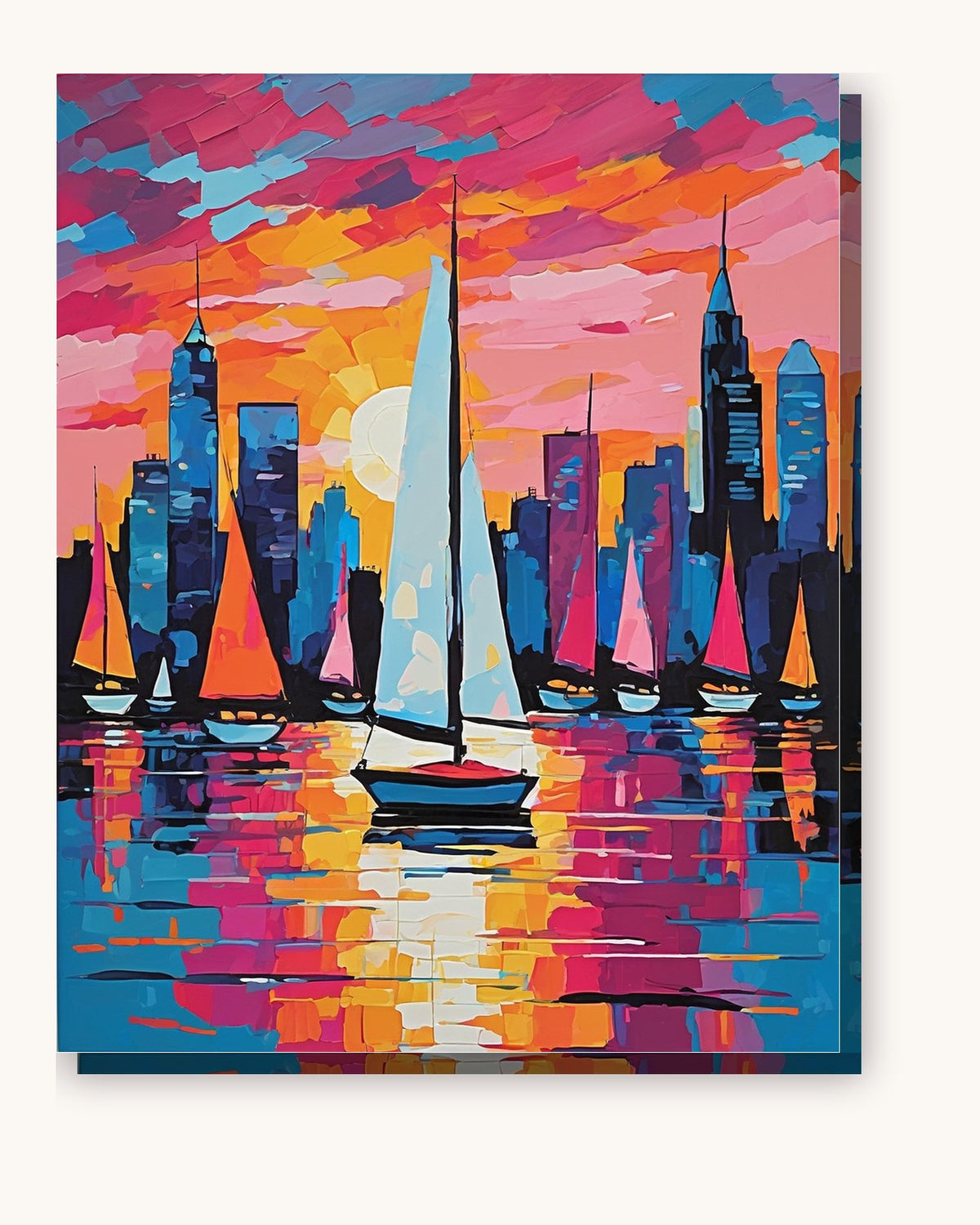 City Skyline with Sailboats at Dusk paint by numbers kit on stretched canvas
