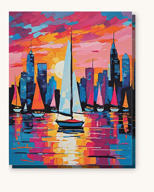 City Skyline with Sailboats at Dusk paint by numbers kit on stretched canvas