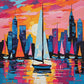 city skyline at dusk with sailboats on water and a pink and orange sky, paint by numbers kit