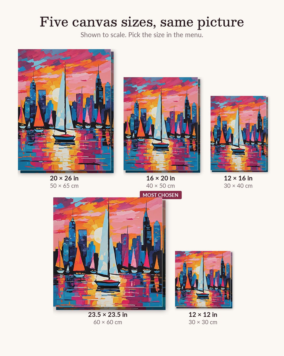 City Skyline with Sailboats at Dusk canvas sizes from 12 x 12 to 23.5 x 23.5 inches
