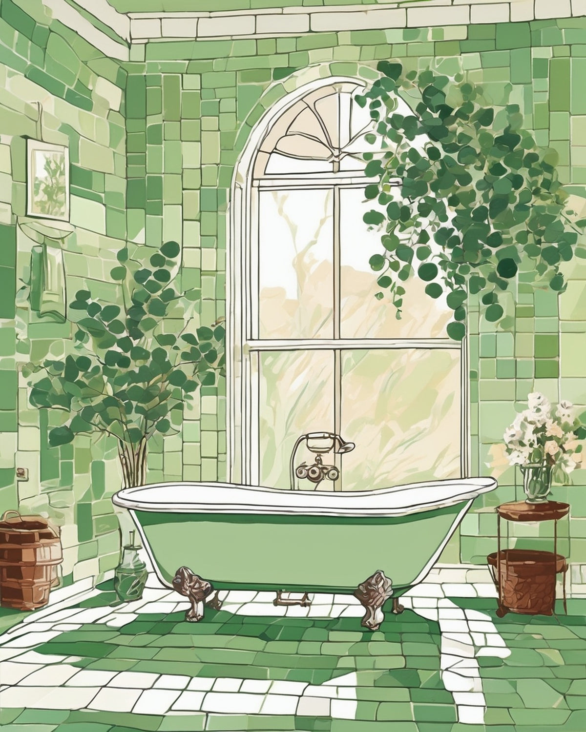 Clawfoot Tub and Eucalyptus paint by numbers kit, white clawfoot bathtub with eucalyptus in a vase