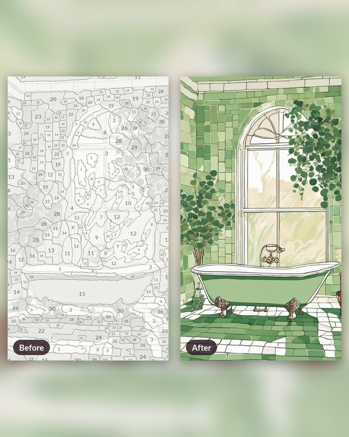 Clawfoot Tub and Eucalyptus paint by numbers kit, before and after