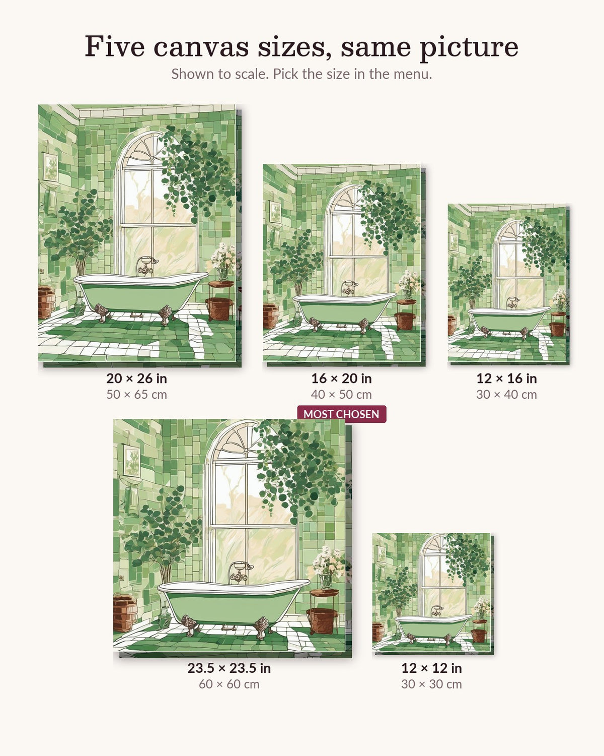 Clawfoot Tub and Eucalyptus canvas sizes from 12 x 12 to 23.5 x 23.5 inches