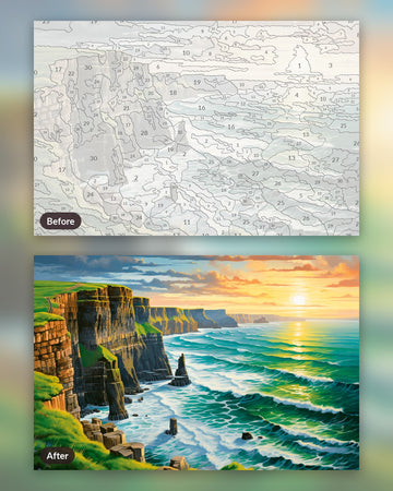 Cliffside Glow paint by numbers kit, before and after
