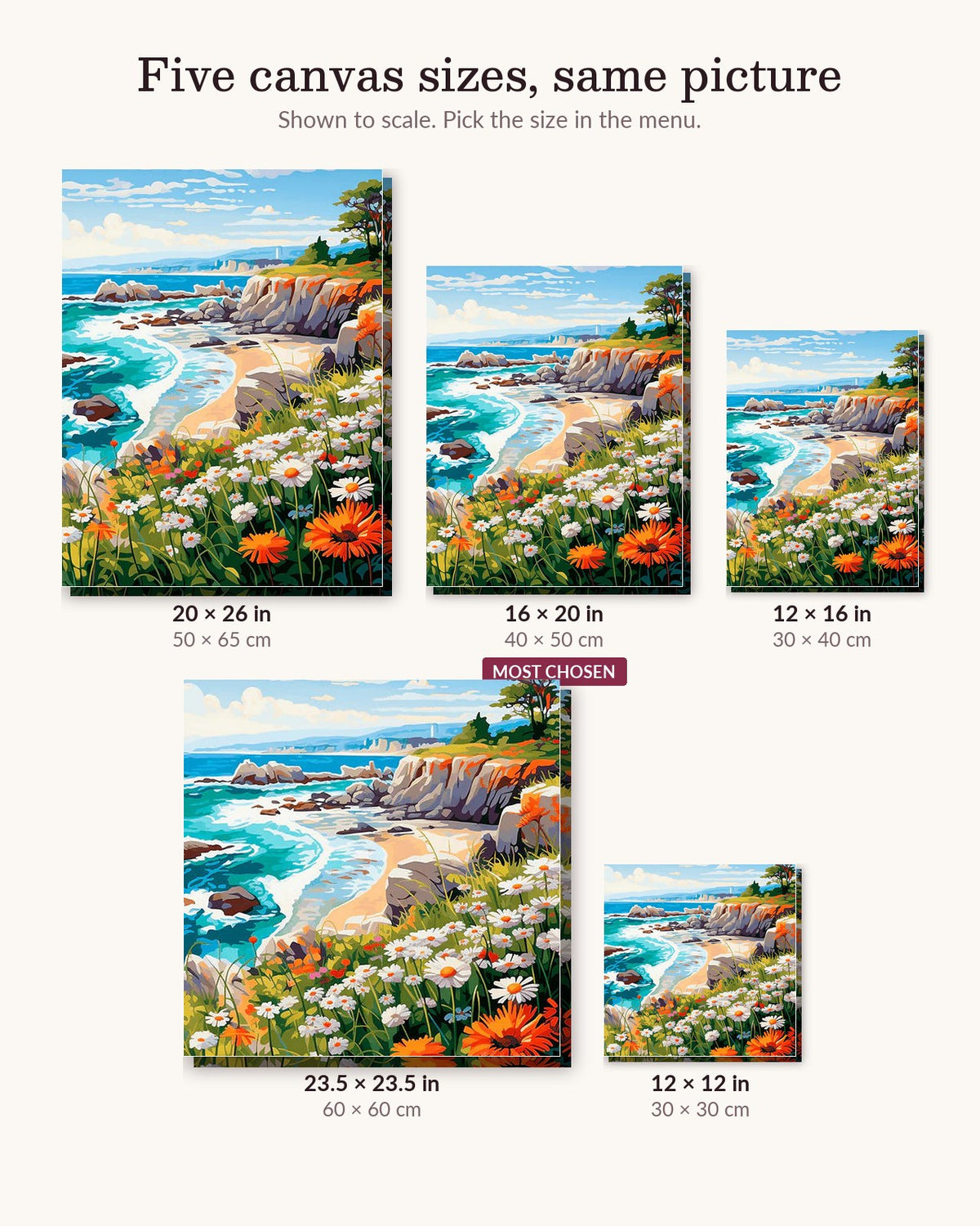 Coastal Bloom Vista canvas sizes from 12 x 12 to 23.5 x 23.5 inches