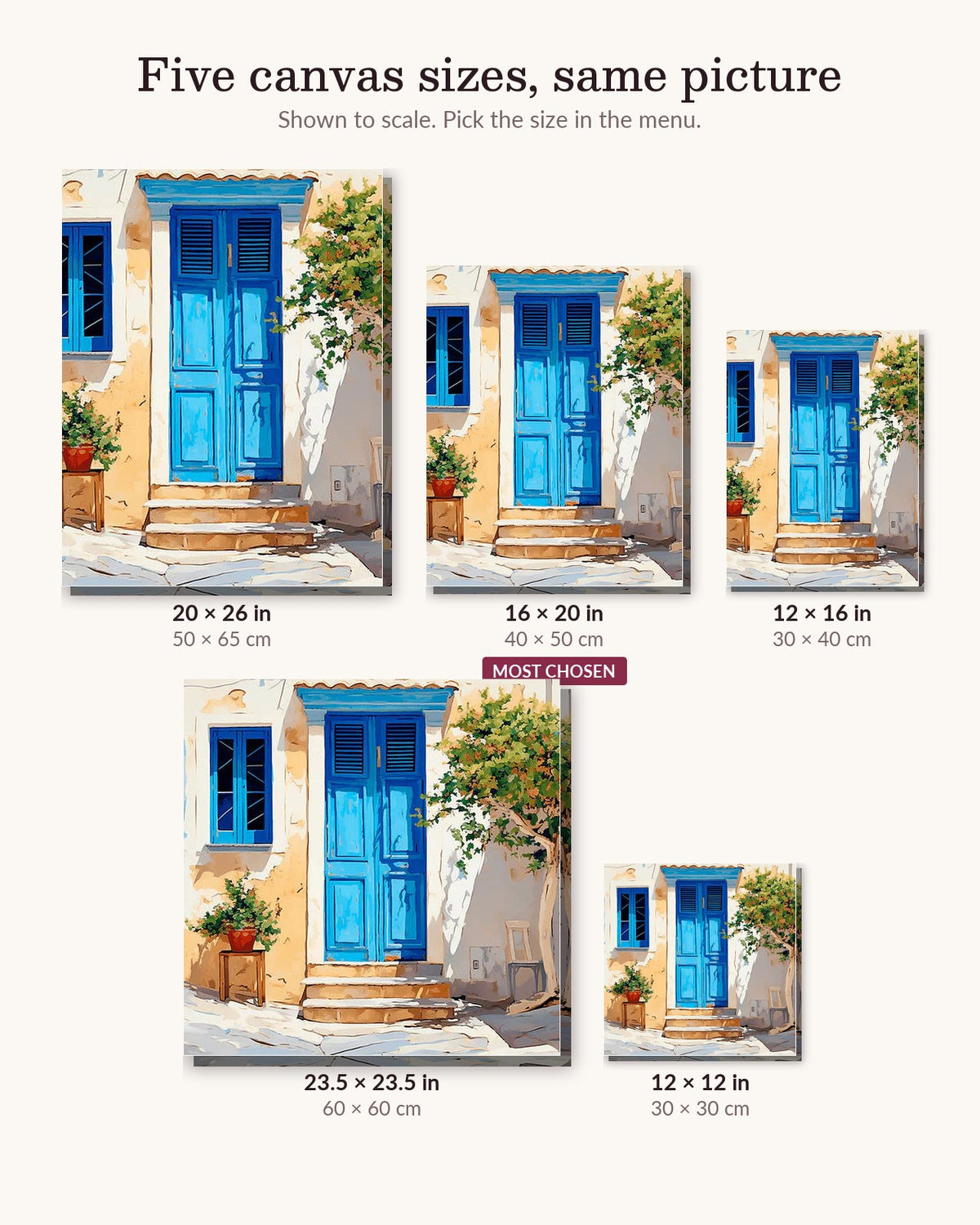 Blue Door canvas sizes from 12 x 12 to 23.5 x 23.5 inches