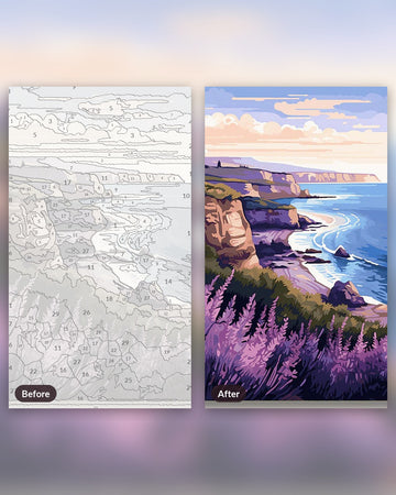 Coastal Lavender paint by numbers kit, before and after