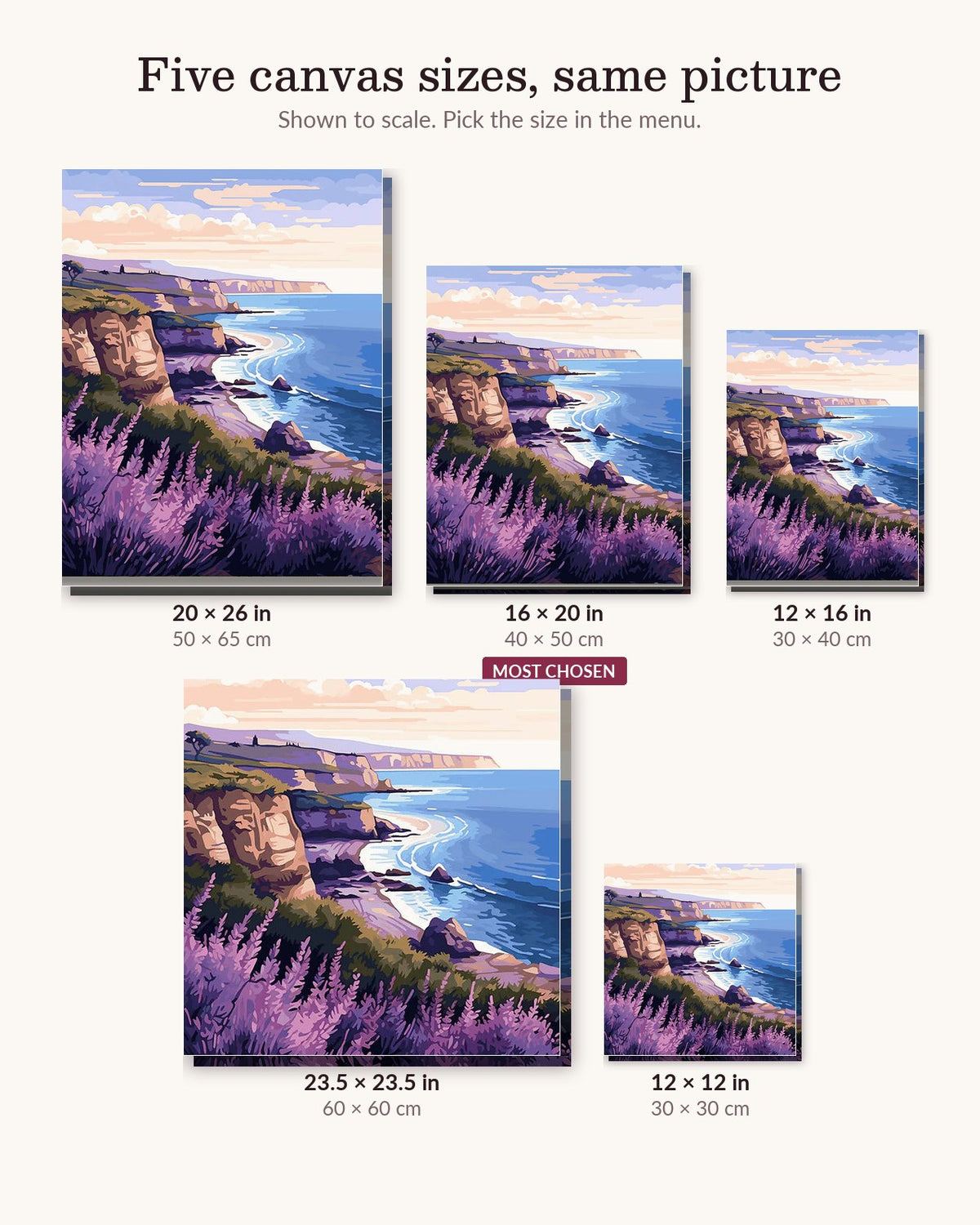 Coastal Lavender canvas sizes from 12 x 12 to 23.5 x 23.5 inches