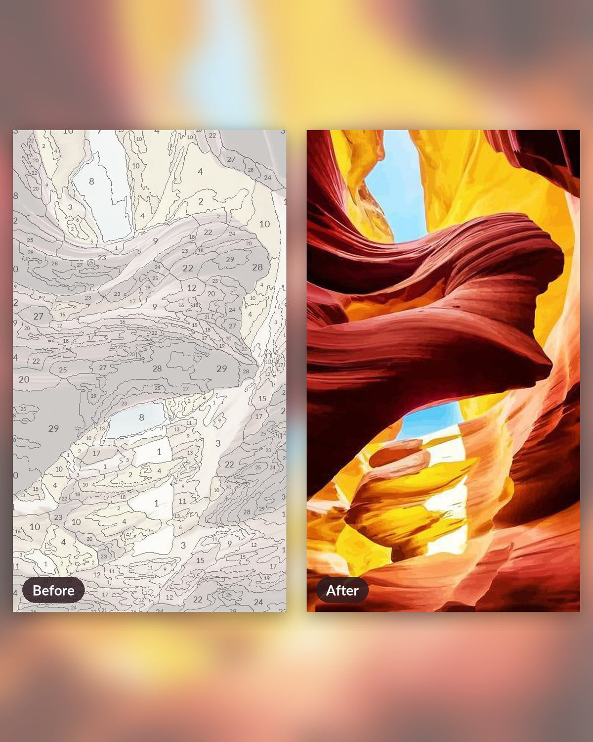 Sedona Mountains paint by numbers kit, before and after