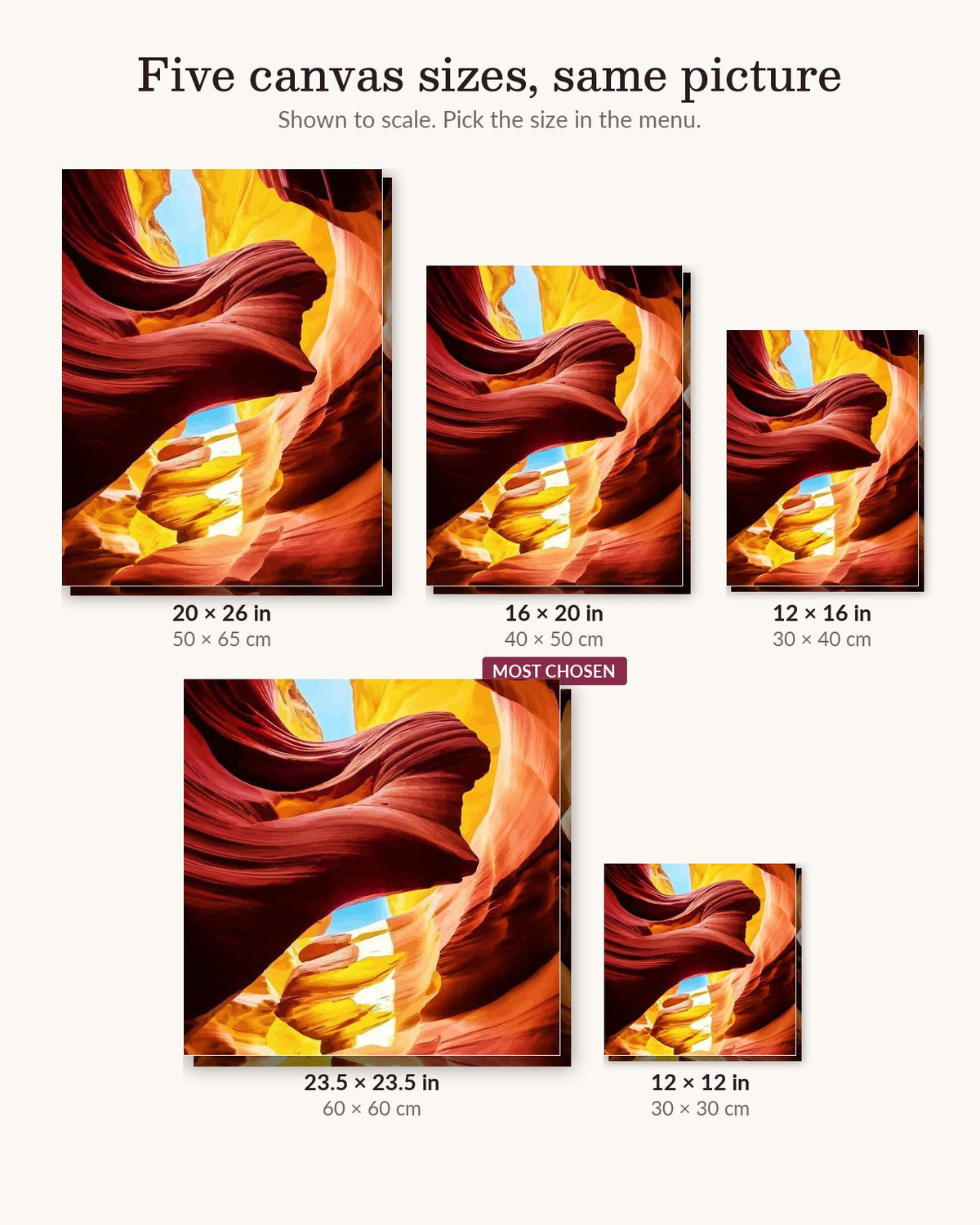 Sedona Mountains canvas sizes from 12 x 12 to 23.5 x 23.5 inches